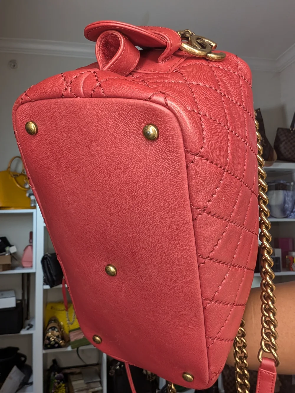 Chanel CC 2 way top handle Quilted Red Shoulder Handbag with bronze Chain